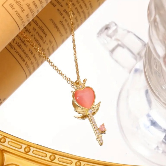 18K Gold Heart Key Pendant Necklace with Pink Cat Eye Stone & Rhinestones. - Picture 2 of 3